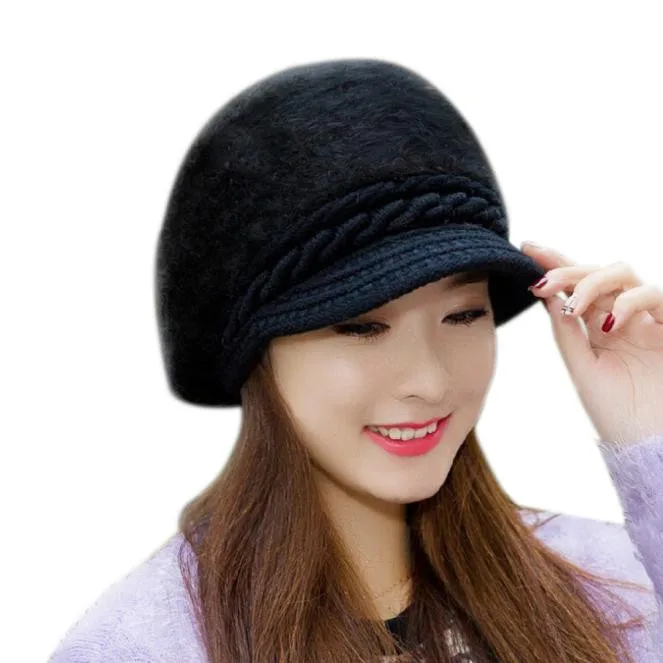 Черный Женская шапка из кроличьего меха, зимняя теплая шапка Skullies Beanies, женские элегантные одноцветные вязаные шапки# T5P - Цвет: Черный