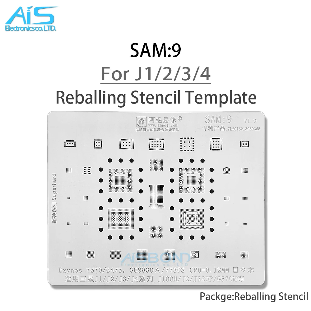 

SAM9 BGA Reballing Stencil For Samsung J1 J2 J3 J4 J100H J320F G570M Exynos7570 Exynos3475 SC9830A SC7730S CPU Tin Net Repair