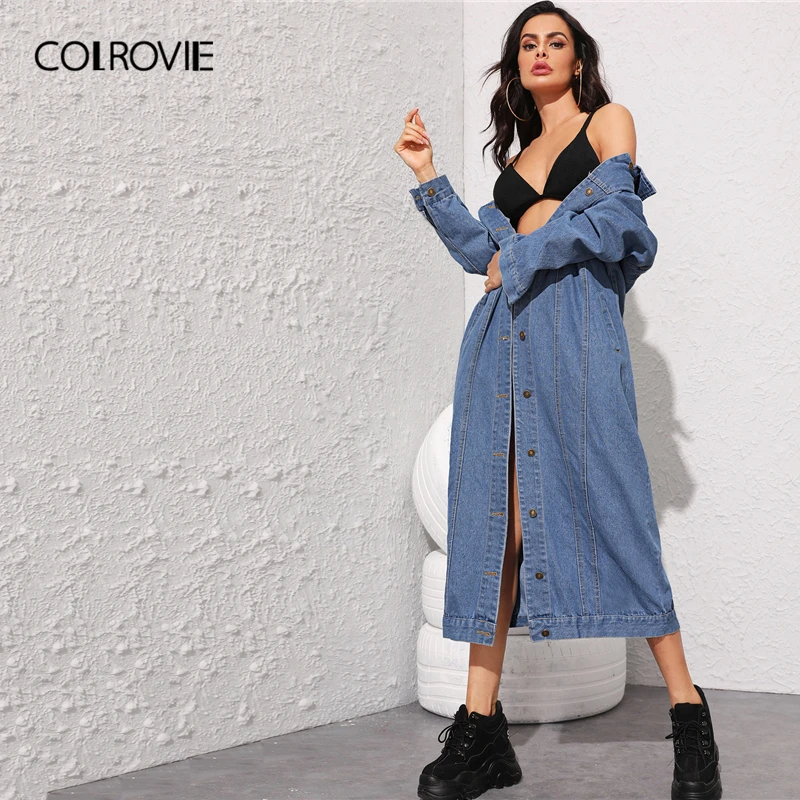 COLROVIE темно-синяя длинная джинсовая куртка на пуговицах спереди Женская Осенняя уличная куртка года Женские куртки повседневная верхняя одежда