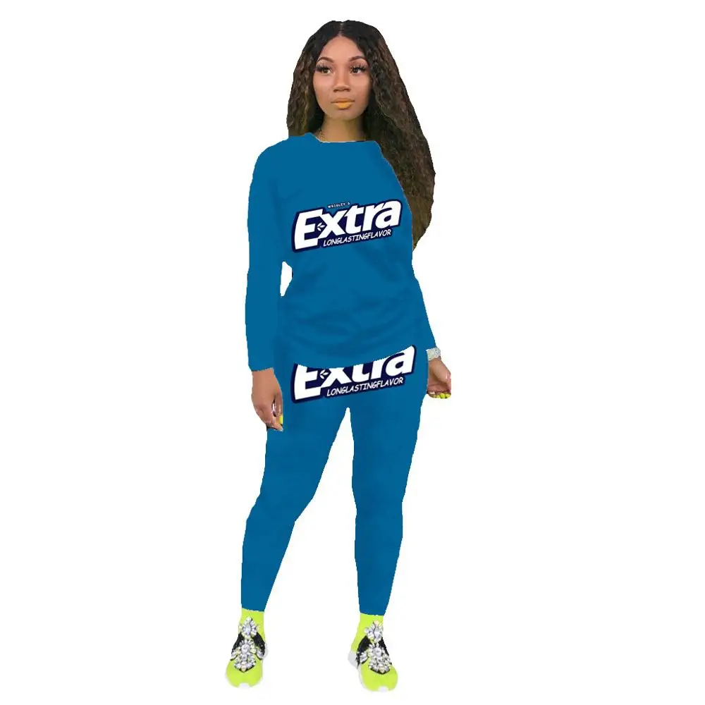 

Two Piece Women Fashion Letter Print Bodycon Tracksuit Long Sleeve Top + Biker Joggers Pants Outfits Matching Lounge Wear Set