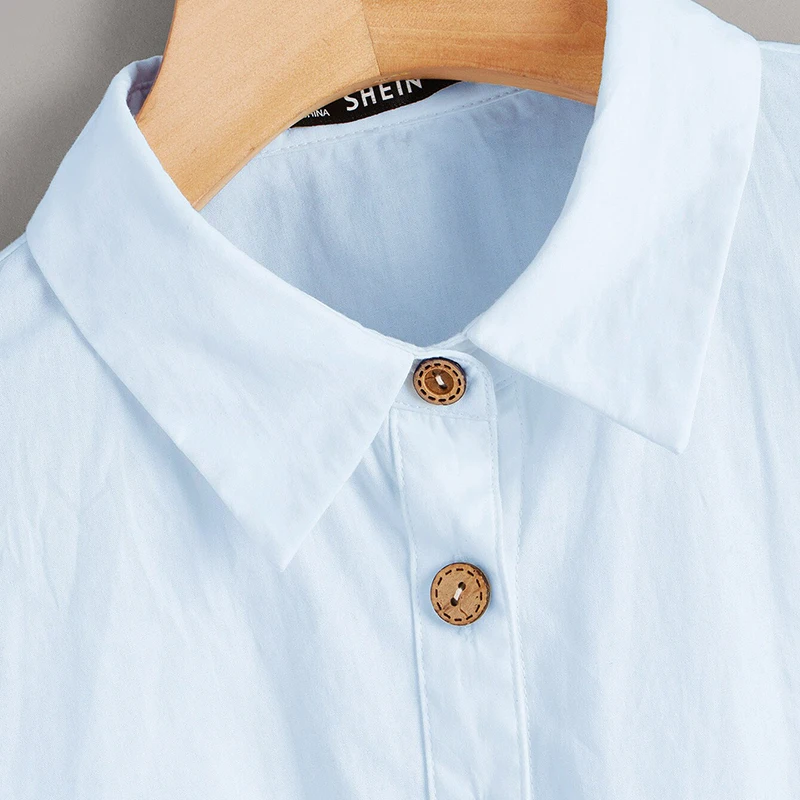 SHEIN Button Front Belted Blouse White Solid Long Sleeve Blouse Casual Women Clothes Spring Autumn Blouses