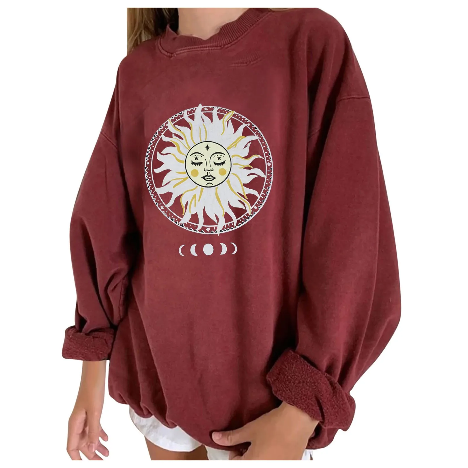 

Sun Printed Women Hoodies Casual Long Sleeve Bottoming Loose Femme Sweatshirt Western Style Fashion Pullover Ladies Tops Blouse