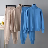 women casual 2 pieces sweater set knitted turtleneck sweater harem pant solid color sport pullover sweater carrot pants set