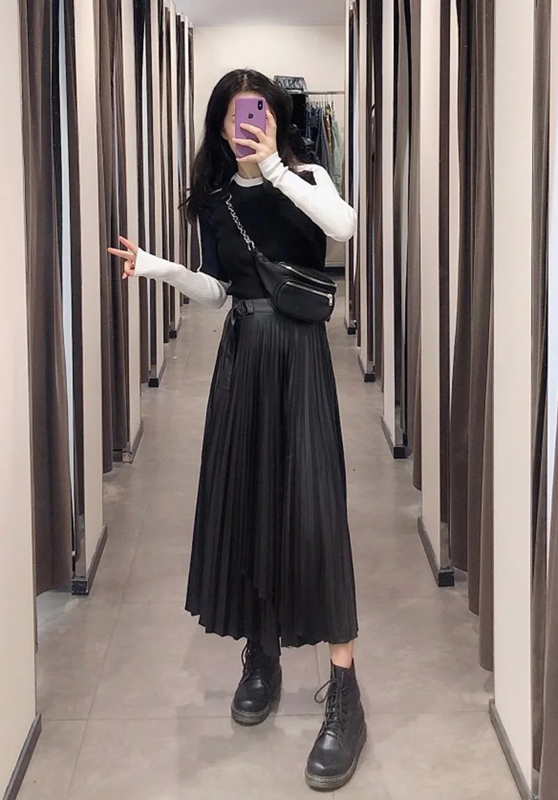 Fashion Pleated Skirt for Women Women Dance Clothing Ball Gown Black Faux Leather Faldas Mujer Moda Moda Mujer Mid-Calf Za