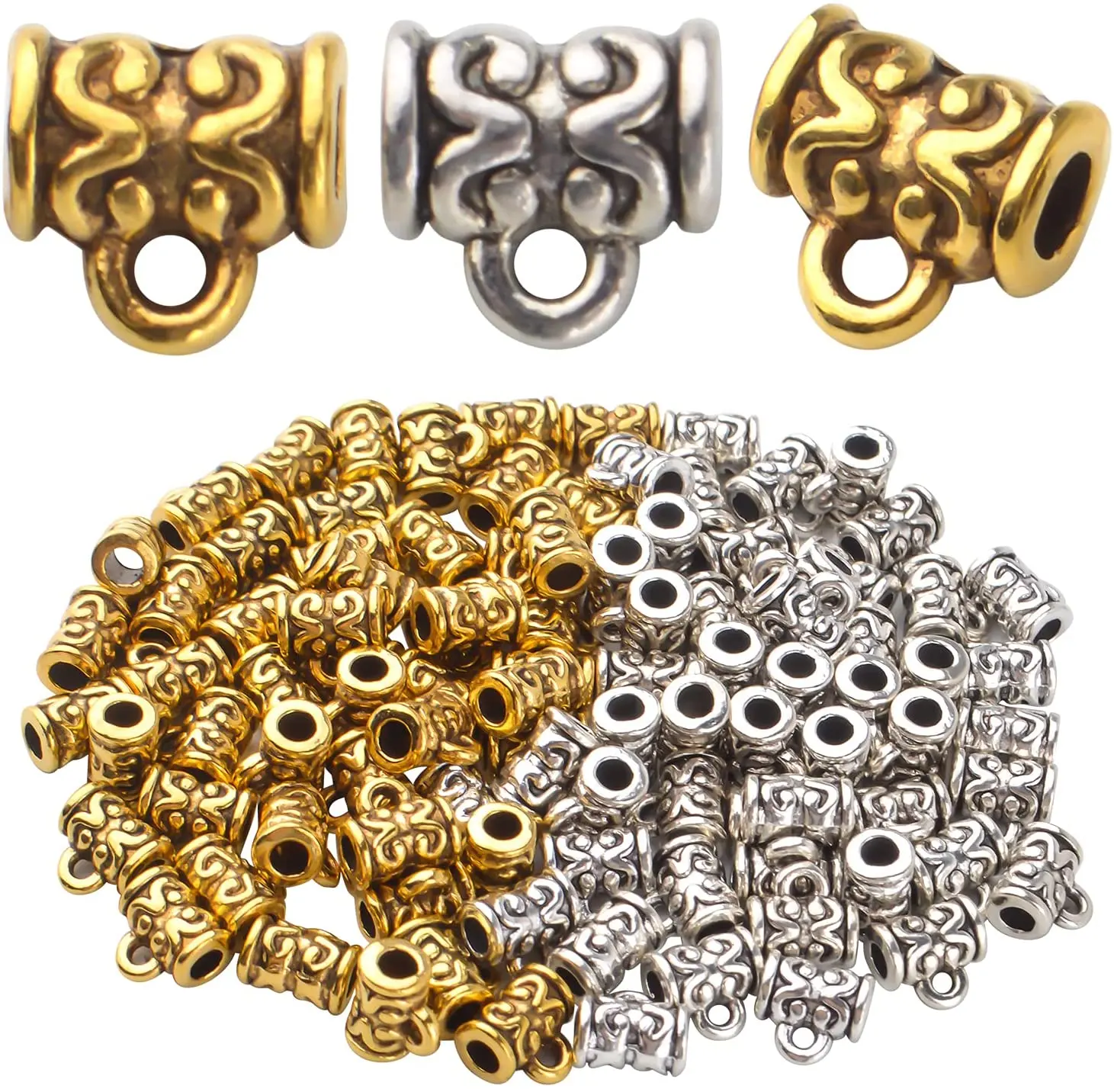

100pcs Bail Tube Beads Tibetan Alloy Bail Beads Spacer Bead Hanger with Loop Connector for DIY Bracelet Jewelry Making, 2 Colors