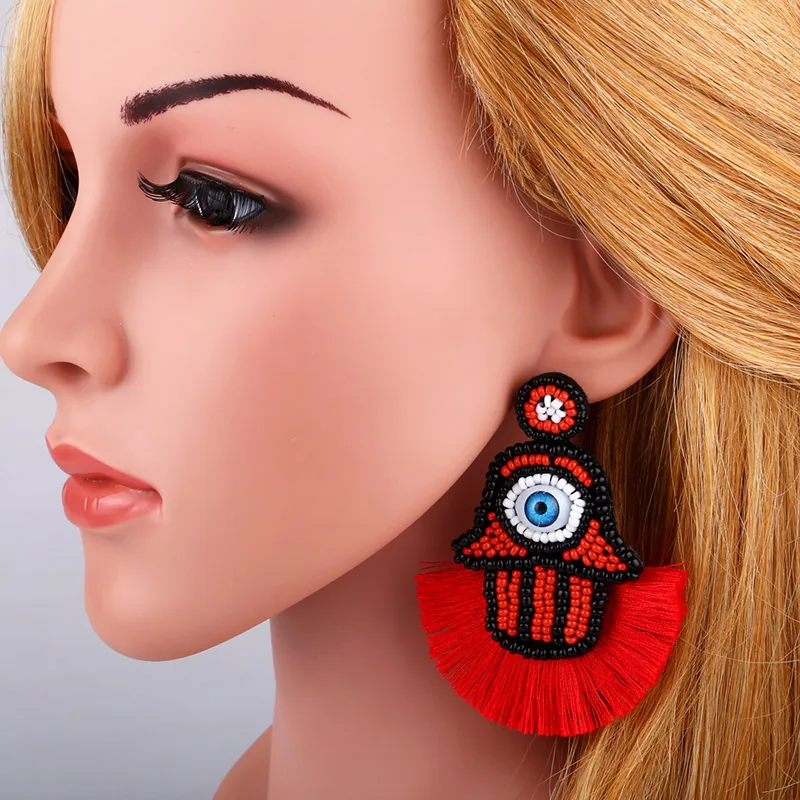 Богемные длинные серьги с кисточками для женщин эффектная рука Фатимы сглаза