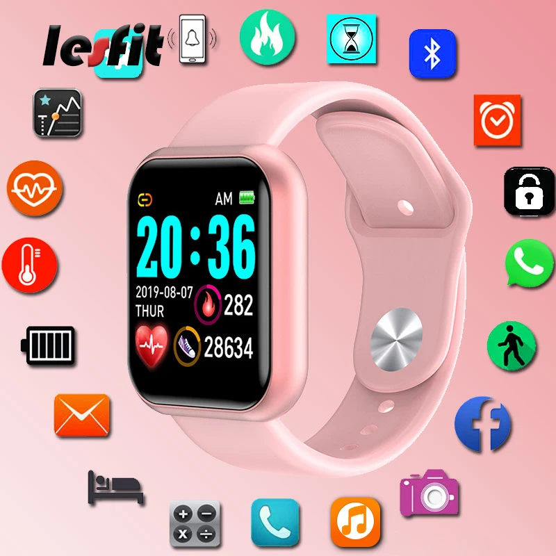 Смарт часы Lesfit Y68 женские водонепроницаемые розовые цифровые с