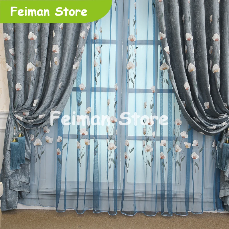 Pastoral White Kapok Chenille Tulle Fabric Curtains For Living Room Thick Insulation Embroidered Window Treatments AP259-30 | Дом и сад