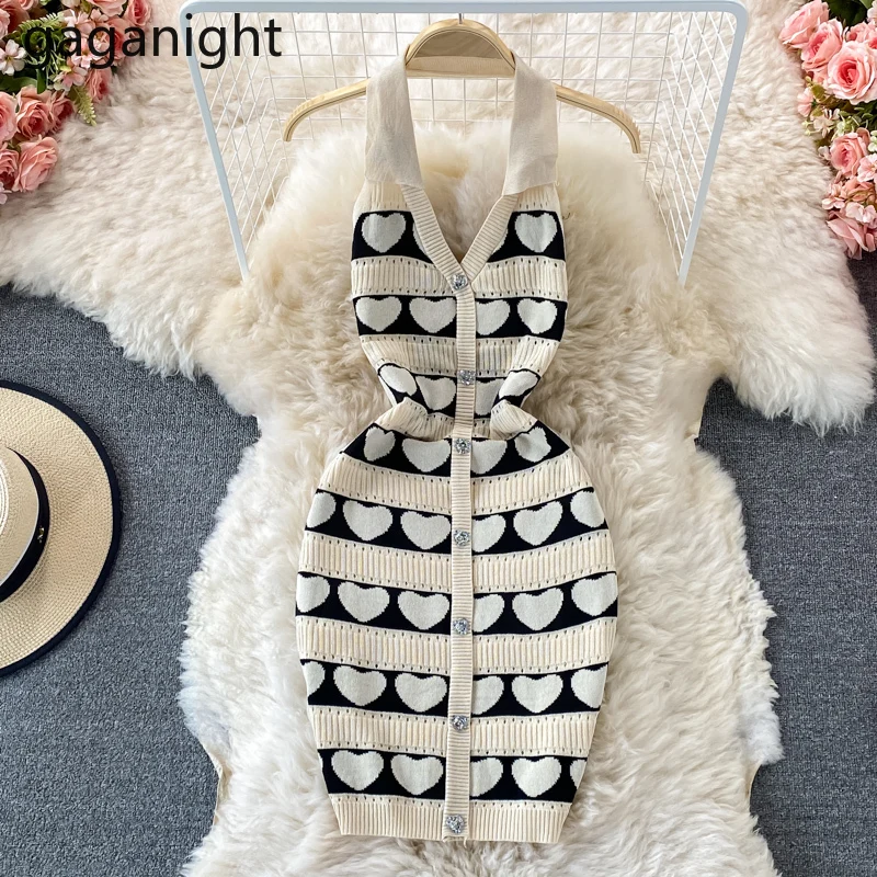 

Gaganight Halter Women Knitted Love Heart Dress Sleeveless Sexy Lady Bodycon Slim Dresses Chic Fashion Streetwear Girls Vestidos