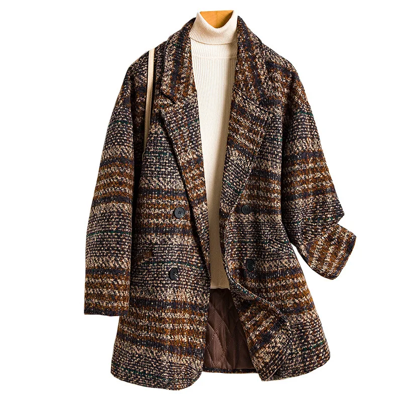 

Autumn Winter Plaid Woolen Cloth Women Lapel Double-breasted Retro Warm Coat Ladies Loose Female Blazer Blend Jacket Large Size