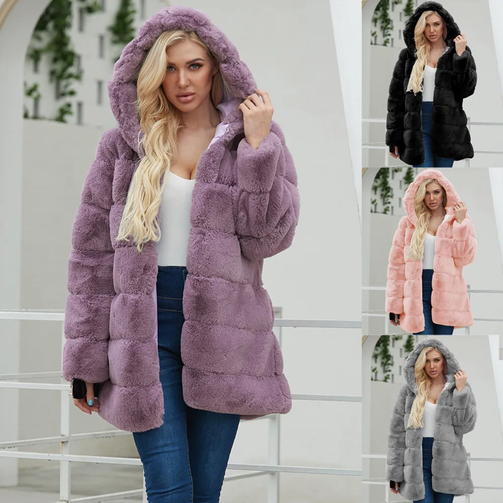 CHAMSGEND Женское пальто из искусственного меха с капюшоном воротником длинным