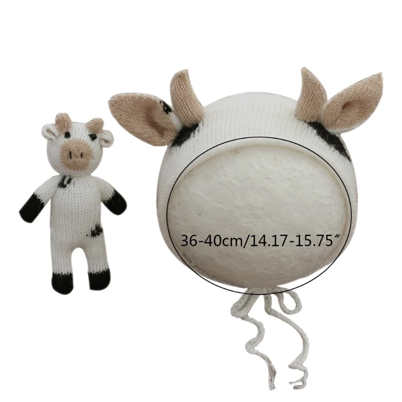 

2 Pcs Baby Knitting Cow Hat Animal Doll Set Handmade Crochet Mohair Beanies Cap Newborn Photography Props Bonnet Infants Photo S