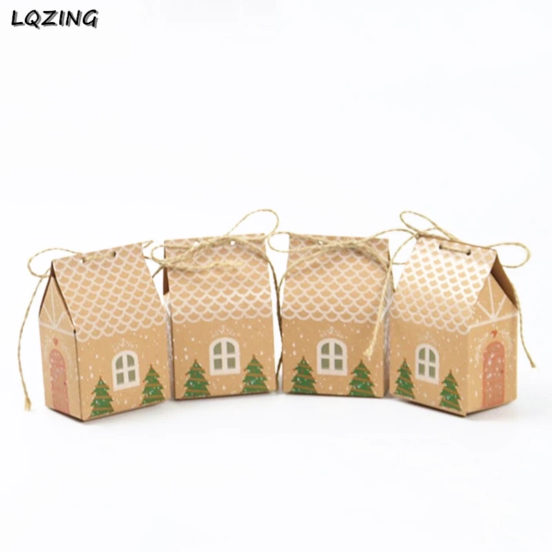5pcs Christmas Tree Printed Kraft Paper Boxes Khaki Candy Bag Favors Gift Box Package Xmas Party Decor Bags with Rope | Дом и сад