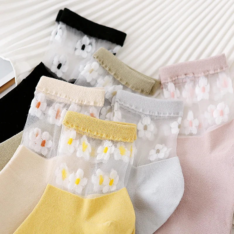 Весенние женские носки с цветами милые прозрачные хлопковые нескользящие тонкие