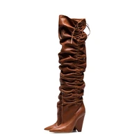 2021 newest over the knee boots spike heel woman sexy pointed toe thigh high shoe pleated leather boots