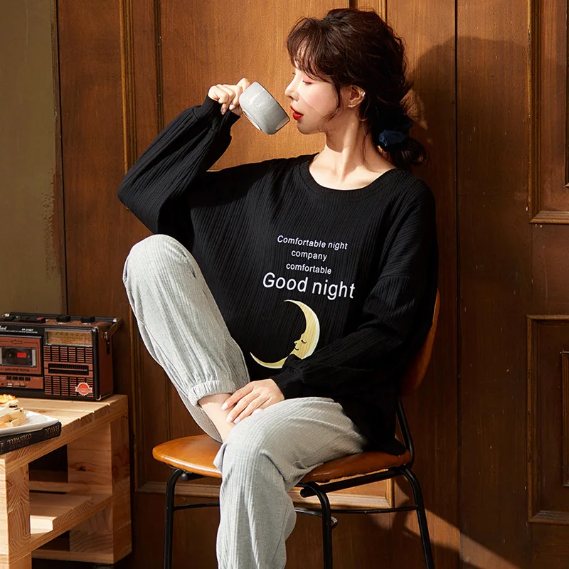 

Winter Warm Black Women Cotton Pajamas Kawaii Pajamas Good Night Letter Print Homewear Long Sleeve Elastic Waist Sleepwear