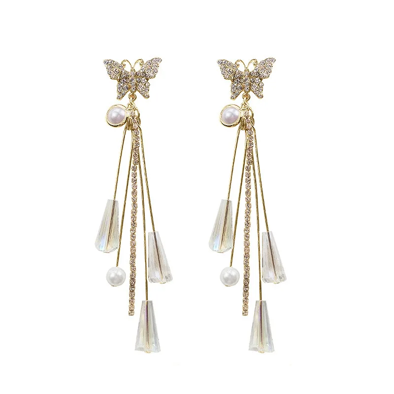 

Shiny Gold Color Crystal Butterfly Earring for Women Bijoux Long Tassel Earrings for Women Statement Earrings Gifts Earrings