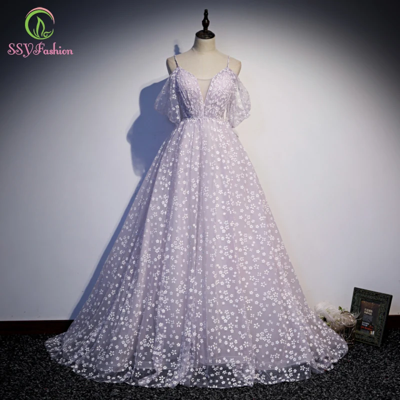 

Женское вечернее платье со шлейфом SSYFashion, романтическое светло-фиолетовое платье с V-образным вырезом, цветочным принтом, бальное платье для вечеринки или пляжа