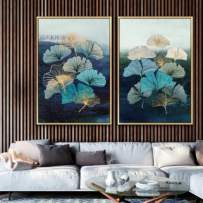 

Blue Green Yellow Gold Plant Leaf Abstract Nordic Canvas Print Poster Wall Art Modern Picture for Living Room Home Decor 5-76
