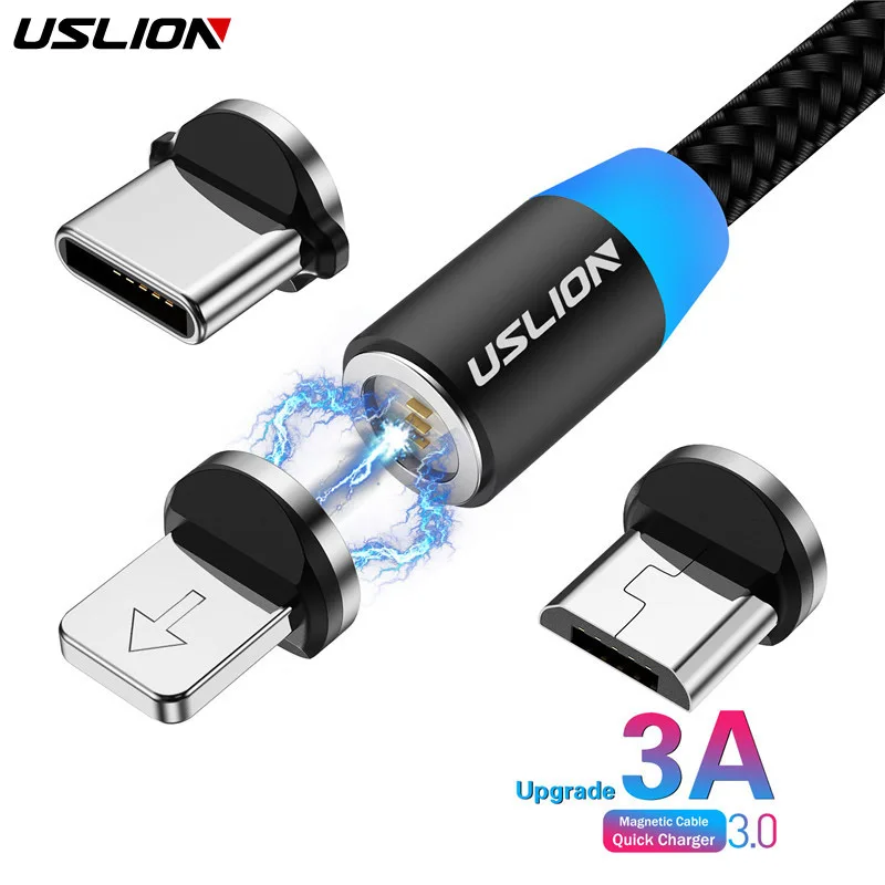USLION 2M 3A Магнитный кабель для быстрой зарядки Micro USB и type-C кабель для зарядки телефона для iPhone Xs Max 8 7 для huawei samsung Xiaomi