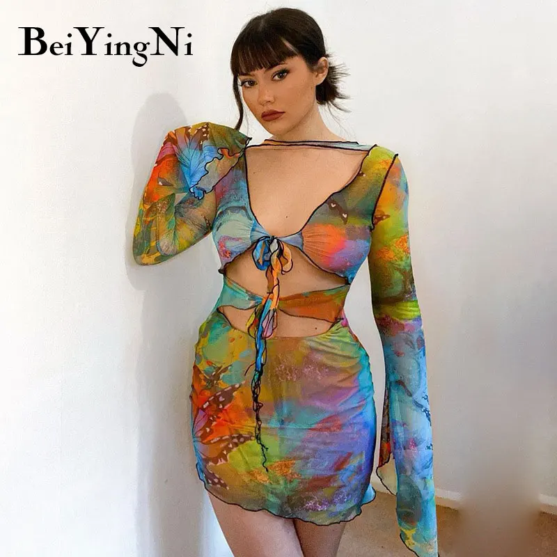 

Beiyingni Tie Dye Bodycon Mini Dress Women Waist Cut Out Backless Sexy Clubwear Long Sleeve Lace-up Vestidos Fashion Streetwear