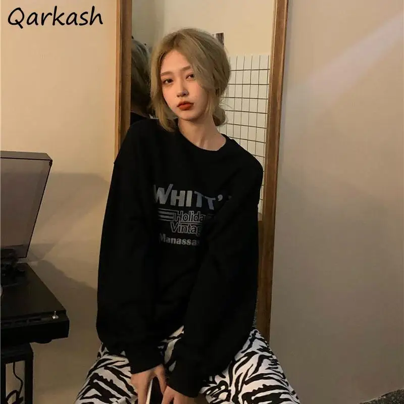 

Women Hoodies All-match Letter Print Harajuku Black Unisex Streetwear Loose Vintage Sweatshirts O-neck Chic Ulzzang Fashion New