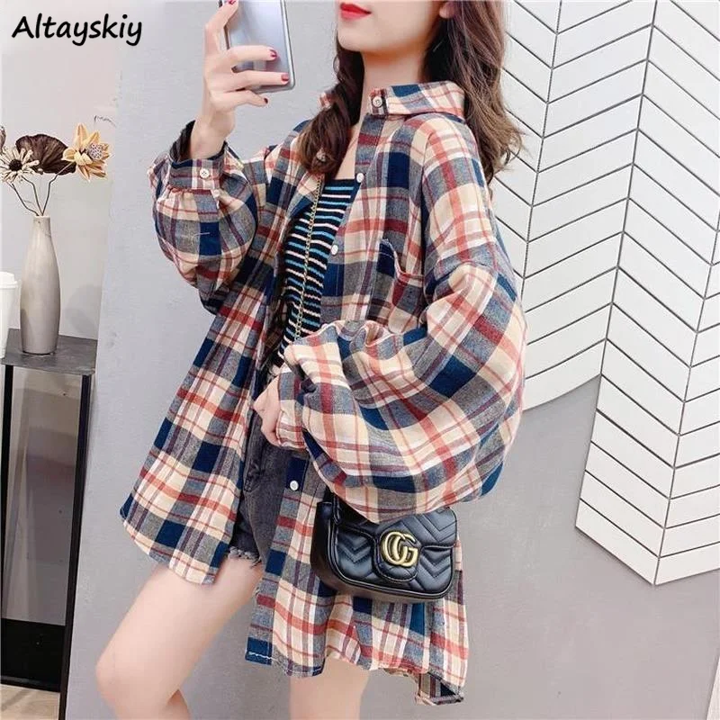 

Куртка Женская Базовая в клетку, Ретро стиль оверсайз, с рукавами-фонариками, модный винтажный стиль, в стиле ольччан, Харадзюку, BF, большие р...