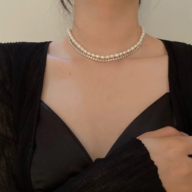 

Trendy Jewelry Freshwater Pearls Necklace Popular Design Shiny Crystal Tow Layer Choker Necklace For Elegant Women Gifts