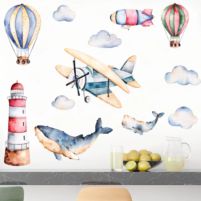 

New wall stickers watercolor aircraft and shark children's room kindergarten wall PVC wallpaper