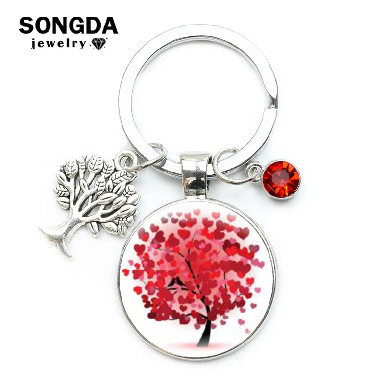

New Crystal Stone Tree of Life Keychain Color Vintage Pendant Keyring Round Glass Cabochon Women Men Fashion Gifts Jewelry Charm