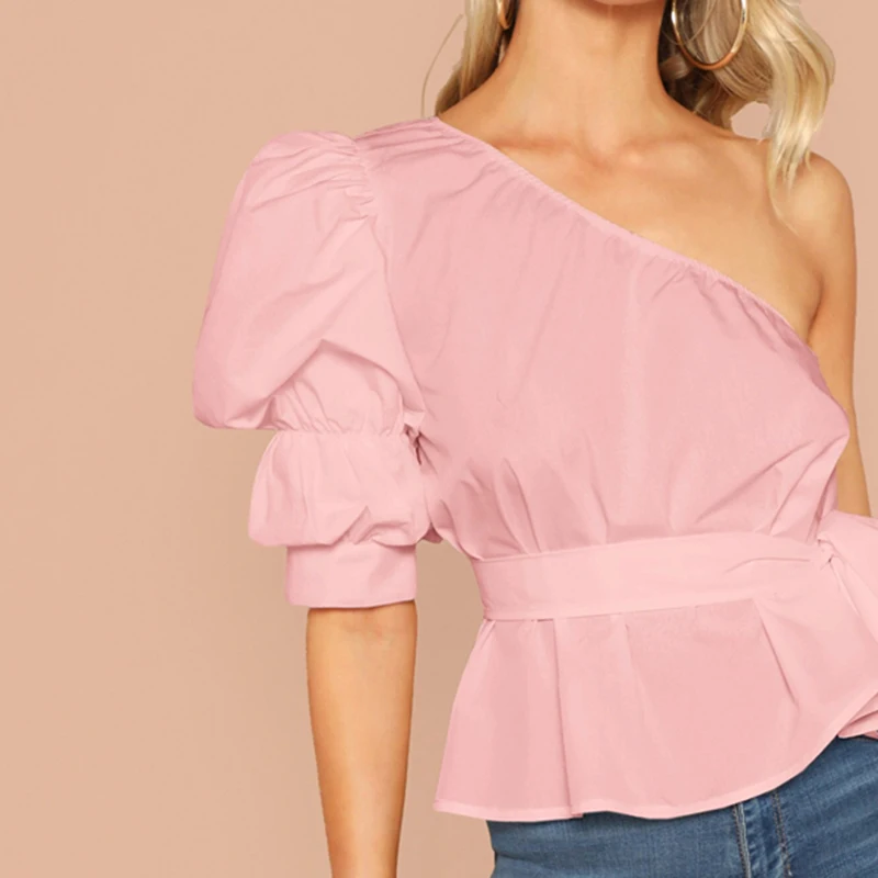 SHEIN Однотонный Топ На Одно Плечо С Пышными Рукавами И Поясом Женская Летняя Белая Элегантная Блузка С Средним Рукавом