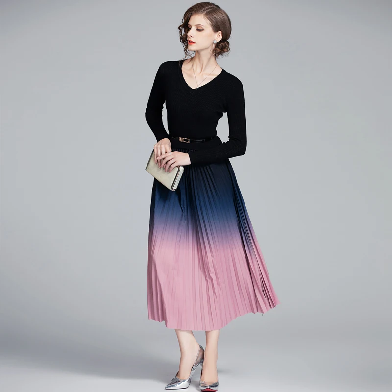 Женское Элегантное трикотажное Плиссированное Платье с V-образным вырезом и