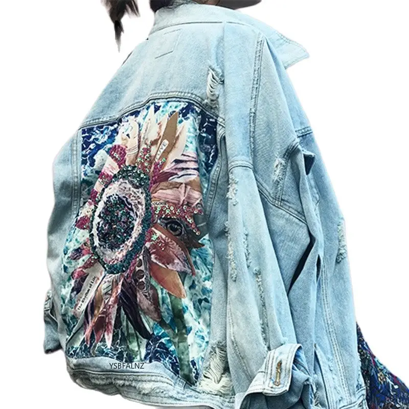 

Женская джинсовая куртка, демисезонное пальто в стиле бохо с блестками и цветочной аппликацией и вышивкой, верхняя одежда с длинным рукавом...