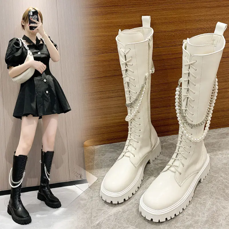 

Fall 2021 New Women's Boots Slimming below the Knee Square Heel Pearl Chain Knight Boots Street Shot Metal Chain Knee-High