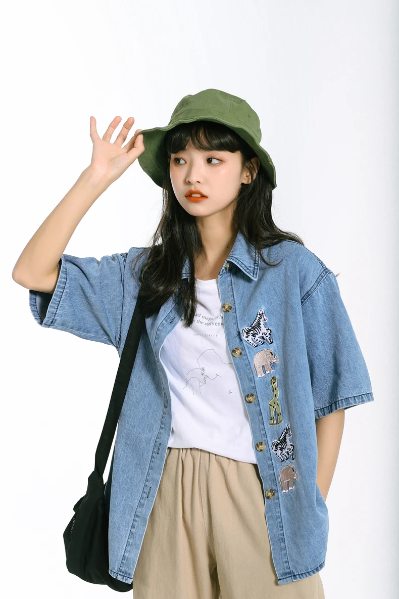 

Casual Fashion Denim Short Women's Clothing 2021 Summer New Loose Embroidered Single Breasted Turn-Down Collar Solid Lady Shirt