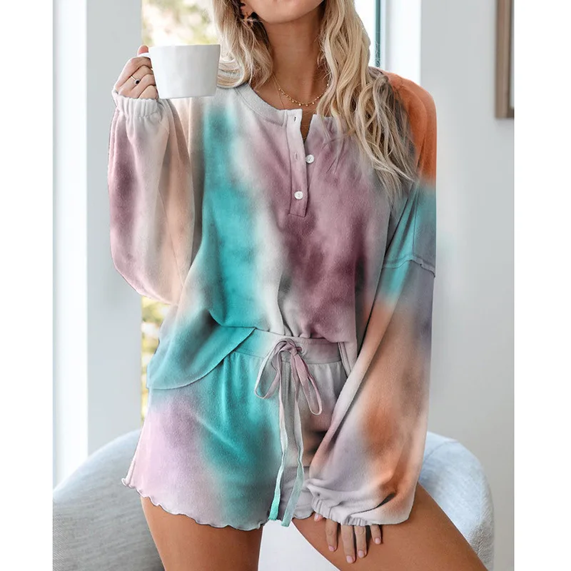 

European and American women's tie-dye printing casual long-sleeved shorts suit