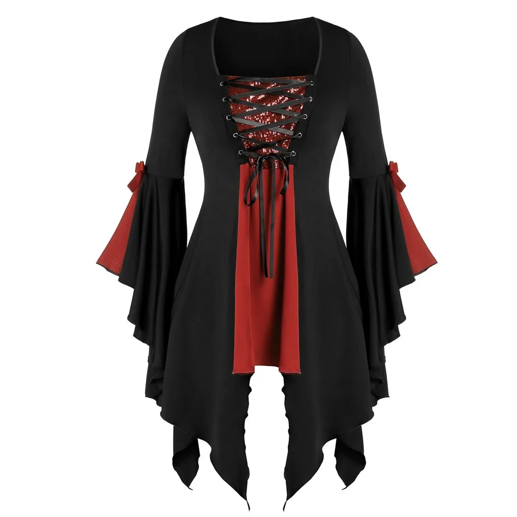 JAYCOSIN Women Plus Size Long Sleeve Tops Sequined shirts lace Up Gothic Tunic Tee Fashion Dress Lace Black Witch Top Mujer | Женская
