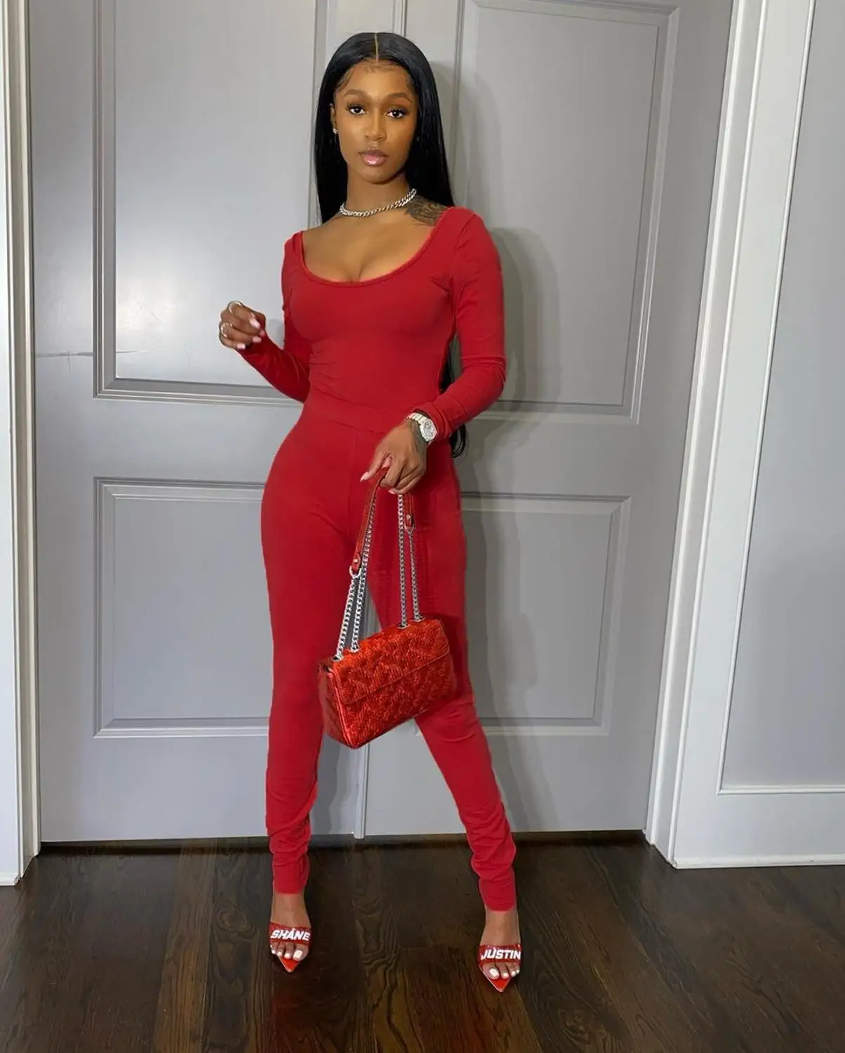 

Комплект из двух предметов Tmustobe, Женский офисный Повседневный однотонный облегающий спортивный костюм с топом с открытыми плечами и штанам...