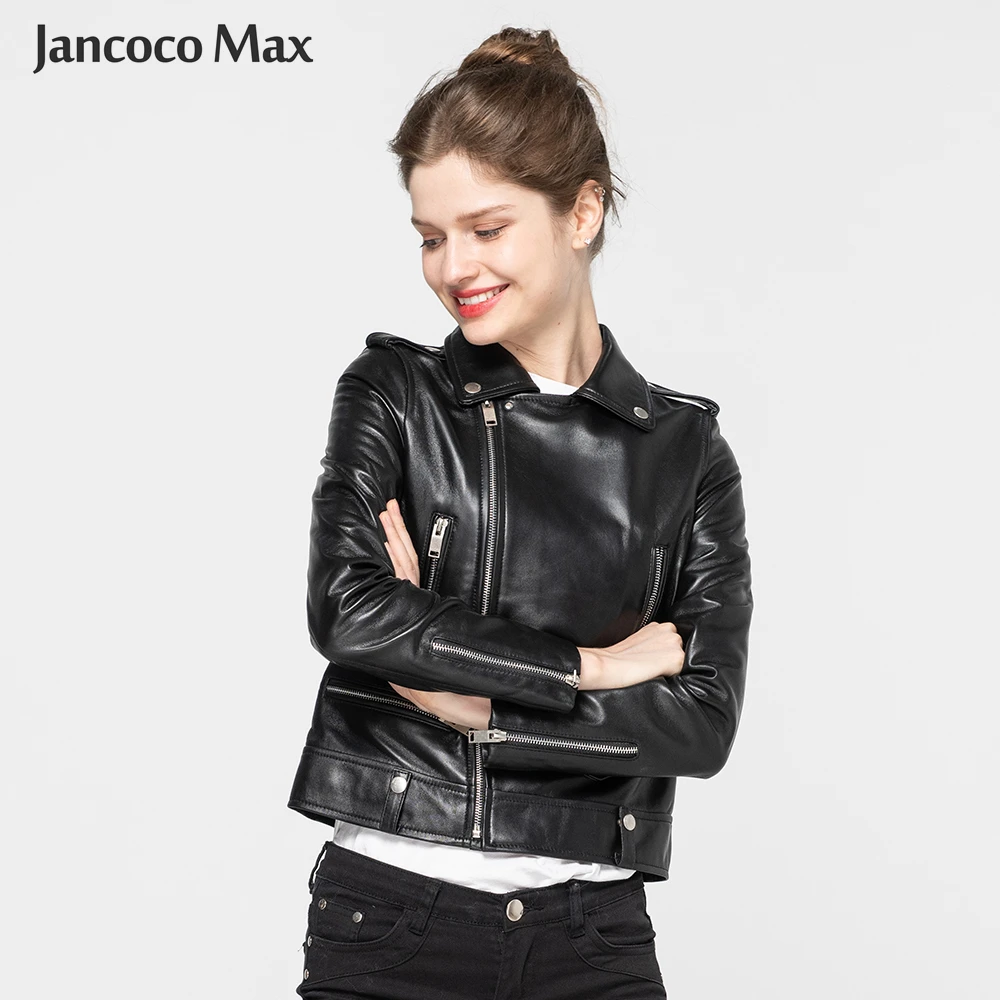Jancoco Max Демисезонный натуральная кожаная куртка Женская одежда классические черные кожаные пальто новое поступление S8004
