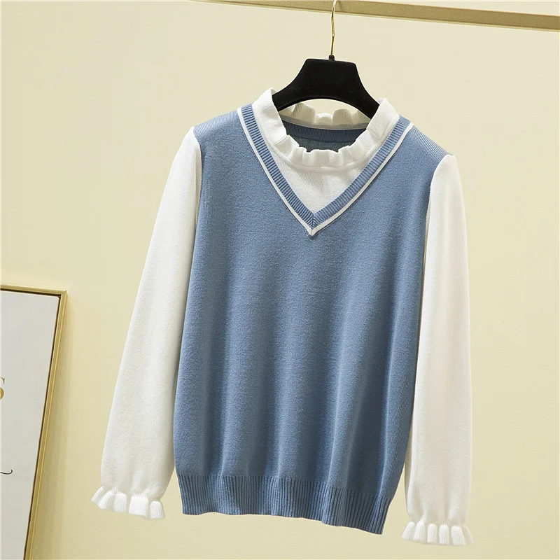 

Women Knitted Sweater Female Ruffle Collar Long Sleeve Preppy Style Fake Two Piece Pullovers Slim Fitting Splicing Jumper Autumn