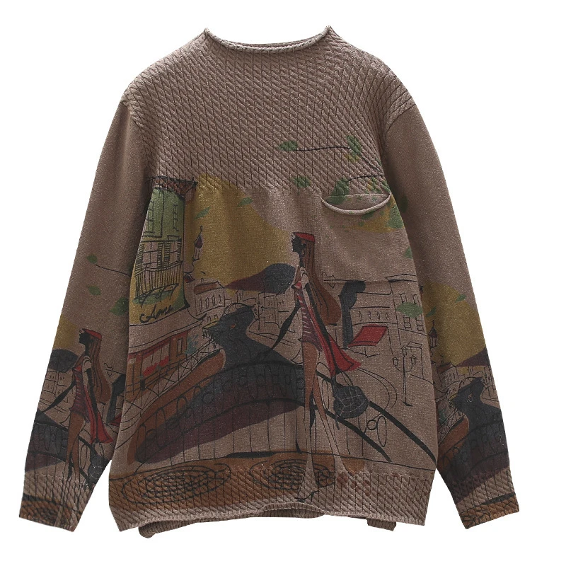 

2021 Korean Brand Clothes Ladies Knitted Pullovers Womens Casual Printed Sweaters Cotton Turtleneck Jumpers Plus Size Chandail