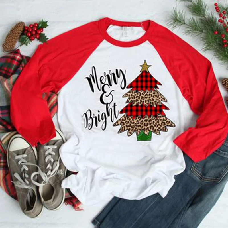 Рождественская футболка Осенний Топ Женские топы с рождественской елкой модная