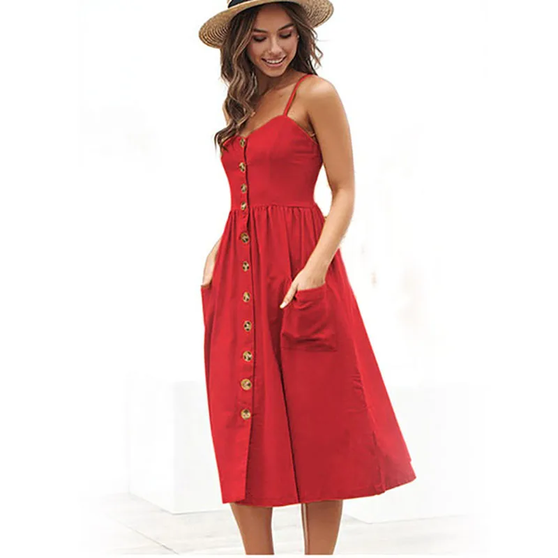 Повседневное женское пляжное платье миди с пуговицами и открытой спиной в
