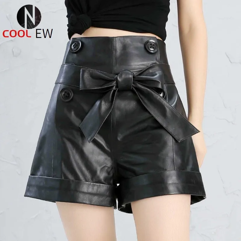 

2021 Bow Leather Shorts Women Real Sheepskin Red Black Plus Size High Waist Shorts Feminino Vintage Korean Style Leather Shorts