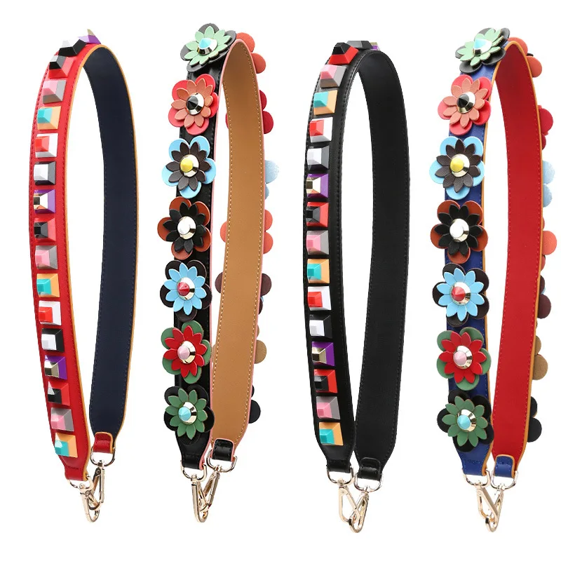 

Geniune Leather Wide Bag Strap for Crossbody Rivet Flower Accessories Luxury DIY Handbag Cowhide Straps Bags Shoulder Handles