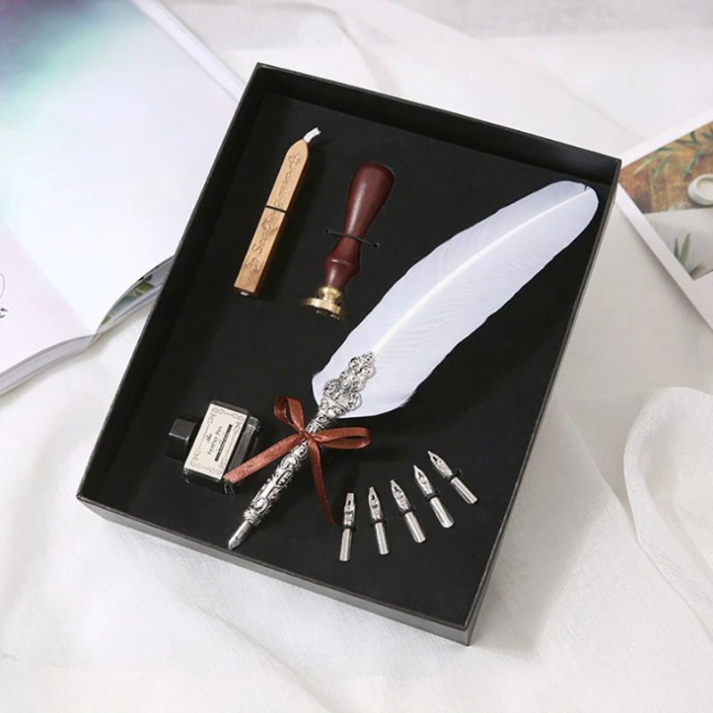Antique Europe Style Feather Fountain Pen Set Quill Calligraphy Writing With Sealing Wax | Письменные принадлежности