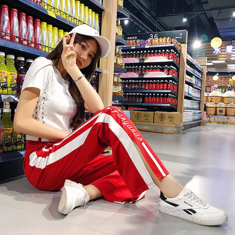 

Casual pants women's pants full length wide leg sports elastic drawstring waist joggers women high waist office lady trousers