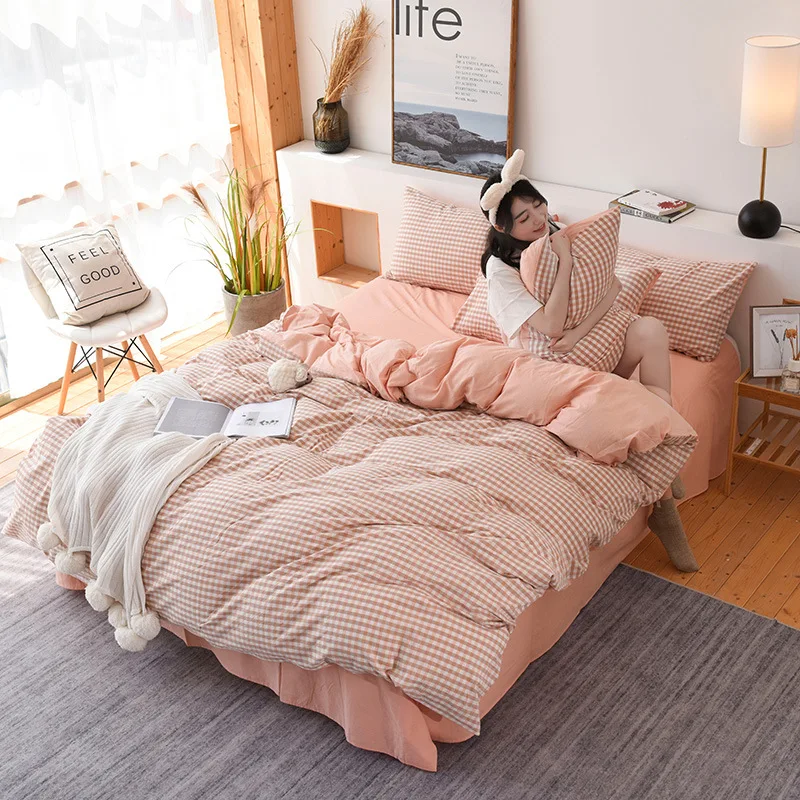 

100% cotton bedding set washed cotton duvet cover set 3 or 4pcs/set home stripe bed linen set bedclothes 2020 spring flat sheet
