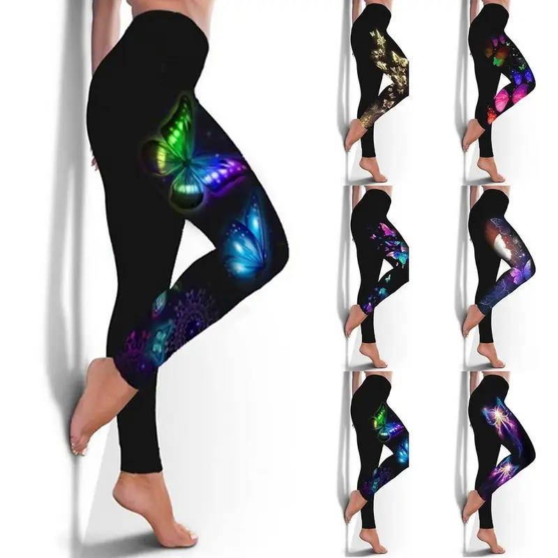 

Fashion Women Butterfly Print Leggings Pants Plus Size Casual High Waist Sport Pants womens clothing женское плае Dropshipping