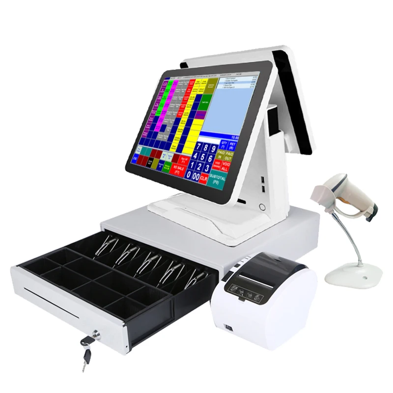 Hot selling 15 Inch POS PC Cash Register with Barcode Scanner 80MM Thermal Printer 400MM Cash Drawer Factory